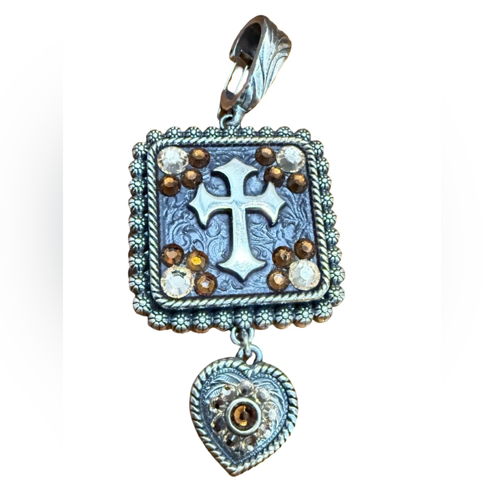 WesternStyle Cross And Heart Pendant With Amber Colored Rhinestones